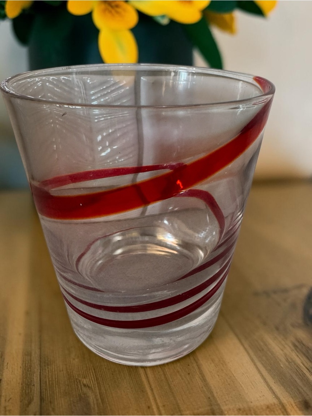 Pier One Clear Glass Double Old Fashion with Red Ribbon Swirl